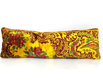 Luxurious Gold Velvet Extra Long Decorative Lumbar Pillow Cover with Flowers Pattern  Unique Bedroom Decor, Housewarming Gift Interior Decor
