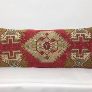 Semi Old Carpet Rug Pillow Cover, Vintage Turkish Handmade Rug Pillow, Lumbar Cover, Muted Red Color Cushion, 16&quot; X 42&quot; Inches Pillow Case