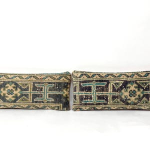 Navy Blue With Muted Green Color Turkish Carpet Rug Pillow Lumbar, Vintage Handmade Bohogifts Hippie Decor Pillow Cover, 9&quot; X 20&quot; Inches