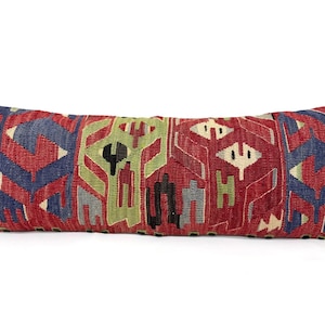 Boho Throw Pillow, Bedding Pillow Cover, Kilim Lumbar Pillow, Red Blue Green Colors Pillow, Antique Moroccan Cushion, Traditional Nomadic