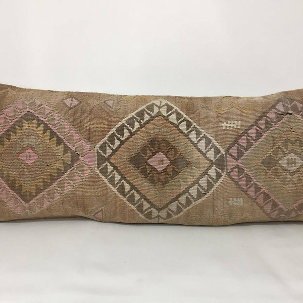 Natural Brown Color Kilim Lumbar Cover, Long Bedding Cushion Case, Handmade Vintage Traditional Wool Pillow Case, 14" X 35" Inches Pillow