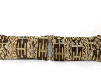 Coussin décoratif bohème, lot de deux oreillers, literie, oreillers turcs, design primitif ethnique fait main vintage 2 taies d'oreiller, 30,5 x 61 cm