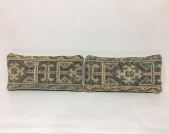 Geometric Design Matching Wool Kilim Pillow, Armchair Small Pillow Case, Pair Vintage Bohemian Pillow, Southwestern Home Decor  9" X 18"