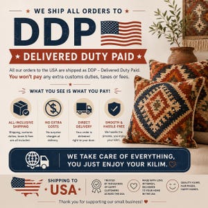 May include: Two square throw pillows featuring a geometric diamond pattern in shades of rust, navy blue, and cream. The image includes text detailing shipping policies to the USA, including the phrase DDP Delivered Duty Paid and icons.