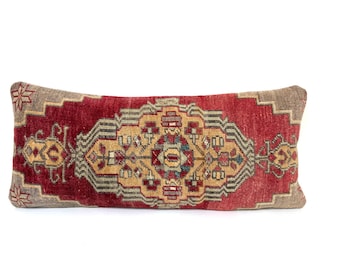 Handmade Organic Wool Lumbar Pillow Cover: Embroidered Carpet Pillow (14”X 34”)
