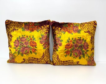 20X20 Velvet Pillow Cover, Vintage Velvet Throw Pillow, Mustard Yellow Velvet Cushion, Boho Floral Velvet Pillow, Luxurious Accent Pillow