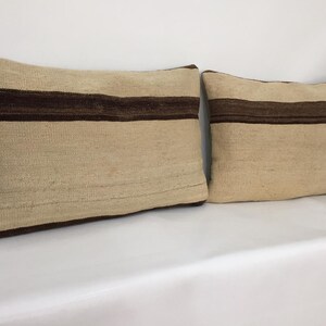 Pair of Organic Wool Kilim Lumbar Covers, 100% Organic Cream Wool with Natural Brown Striped Pair Pillow Covers, 16” X 24” Inch/ 40 X 60 Cm