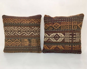 Primitive Decor, Kilim Pillows, Pair Pillow, Kilim Cushion, 16"x16" Pillow Covers, Traditional Motifs Handwoven Cushion Kilim, 40x40 Cm