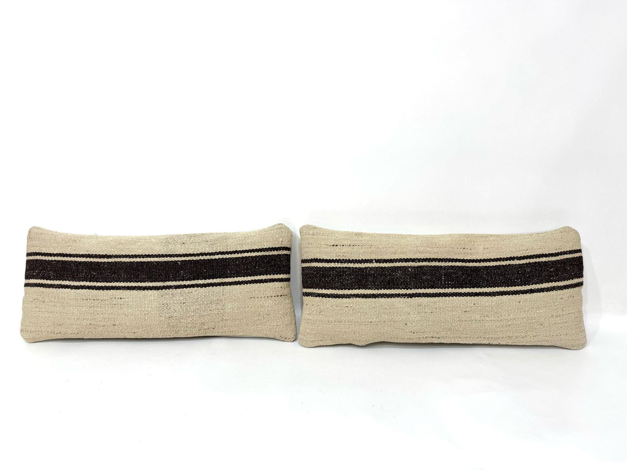 Handmade Kilim Lumbar, Undyed Organic Sheep Wool Pair Striped Kilim Pillow Case, Boho Vintage Bedding Pillow, Chair Pillow Cover 8" X 20"