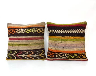 Bohemian Design Kilim Pillow, 18x18 Pillow Cover, Wool Kilim Pillow, İnterior Cushion, Handmade Cushion, Pair Kilim Pillow, 45x45 cm