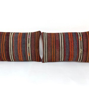 Striped Wool Kilim Pair Pillow Covers, Organic Wool Orange Red White Striped Kilim Pillow Case, Turkish Traditional Motifs Pillows 10x16