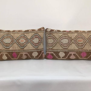 Beautiful High Quality Matching Pillow Cover, Natural Wool Handwoven Pair Pillows, Soft Color Antique Rug Lumbar Cover 12&quot; X 20&quot; Inches