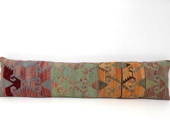 Handwoven Kilim Lumbar Pillow Cover, Organic Wool, 12"x52" Extra Long Lumbar Pillow for Bed, Muted Orange Red Green Burgundy
