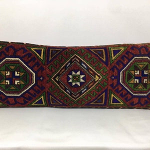 Bohemian Carpet Rug Pillow, Large Pillow Cover, 15 X 39 Pillow, Eco Friendly Natural Wool Large Cushion Cover, Handmade Vintage Pillow