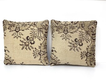 20 X 20 Bohemian Kilim Pillow, Floral Design Pair Kilim Pillows, Muted Beige Color Matching Pillows, Kilim Pillow Case, Cushion