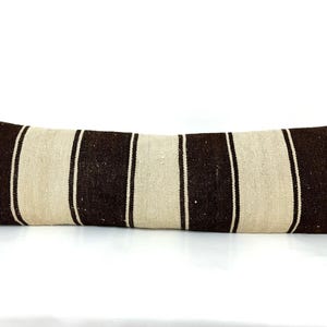 Long Lumbar Pillow Cover, Farmhouse Home Decor Pillow, Bedding Pillow Cover, Natural Wool with Natural Black Brown Striped Kilim Lumbar12x42