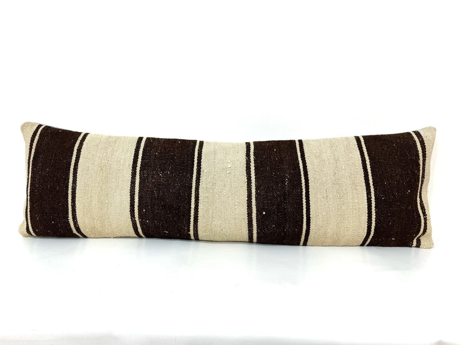 Long Lumbar Pillow Cover, Farmhouse Home Decor Pillow, Bedding Pillow Cover, Natural Wool with Natural Black Brown Striped Kilim Lumbar12x42