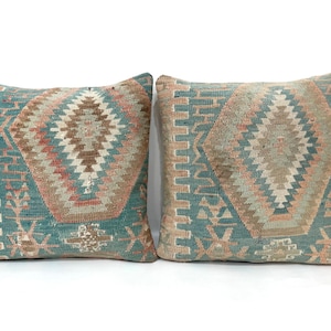 Minimalist Kilim Pillow Cover, 20X20 Pillow Cover, Muted Blue with Geometric Design Vintage Large Kilim Pillow, Bedding Kilim Pillows