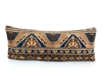 Handwoven Wool Kilim Lumbar Pillow Cover: Antique Rug Design (14"x36")