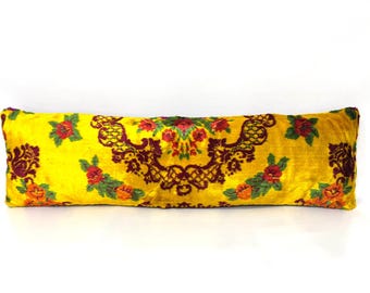 Long Velvet Lumbar Pillow, Yellow Red  Pillow Cover, Bedroom Lumbar Pillow, Rose Design Flower Motifs Pillow Cover, 12" X 40" Inches Pillow