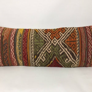 Embroidery Large Pillow, Bedding Vintage Pillow, Kilim Pillow Cover, Vintage Kilim Pillow, Wool Lumbar Pillow, 12&quot; X 32&quot; Inches Pillow