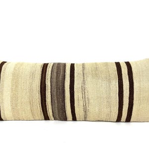 ORGANIC Cream Wool with Natural Brown Striped 14x36 Long Pillow Cover, Bedding Long Kilim Lumbar Pillow, Extra Long Pillow Case