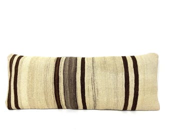 ORGANIC Cream Wool with Natural Brown Striped 14x36 Long Pillow Cover, Bedding Long Kilim Lumbar Pillow, Extra Long Pillow Case