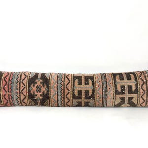 Extra Long Lumbar Pillow 10x49 Faded Turkish Kilim Bolster, Boho Rustic Bed Pillow, Patchwork Design Pillow, King Bed Pillow Cover