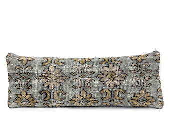 Vintage Carpet Pillow, Handmade Decorative Pillow, Carpet Rug Pillow Cover, Muted Color Pillow, Lumbar Pillow Cover, Long Pillow, 12&quot; X 34&quot;