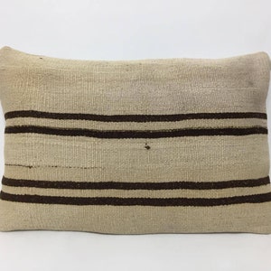 Bohemian Turkish Kilim Lumbar Pillow Cover, Organic Cream Wool with Natural Brown Striped Sheep Wool Kilim Lumbar Pillow, French Hone Decor
