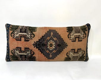Organic Neutral Wool Traditional Pillow Cover, Ethnic Striped Turkish Extra Long Lumbar Pillow Case, Long Wool Kilim Lumbar 16" X 36"