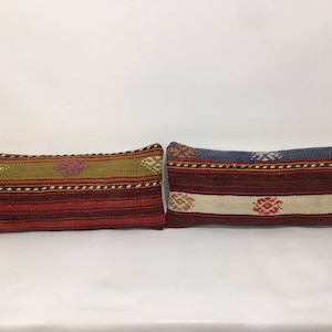 Handwoven Organic Wool Kilim Pillow Cover: Vintage Lumbar Cushion (8&quot; x 20&quot;)
