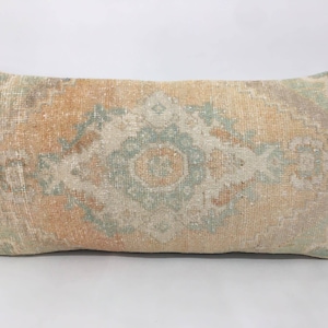 Large Carpet Pillow Cover, Bed Lumbar Pillow Case, Muted Orange Turquoise Color Lumbar Pillow Cover with Traditional Design Handmade Pillow