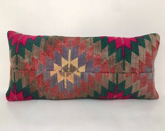 Pink Green Color Patchwork Rug Pillow Lumbar, Handmade Turkish Traditional Design Carpet Rug Pillow Cover, 14" X 31" Pillow Lumbar Pillow