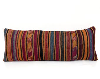 Poduszka w paski kilim, poszewka na poduszkę, poduszki kilim, długie poduszki, poszewka na pościel, pomarańczowo-niebiesko-czerwona kolorowa poduszka 14" x 37" poszewka na poduszkę