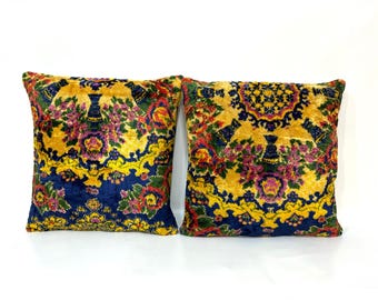 Large Velvet Pillow, Yellow Blue Floral Velvet Cushion Cover, Mid Century Country Farmhouse Decor Cushion, Flowers Pattern Pillow 20x20