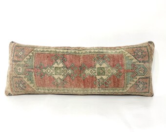 Vintage Bohemian Kilim Pillow, Soft Pink Green Light Olive Bench Lumbar 12x34