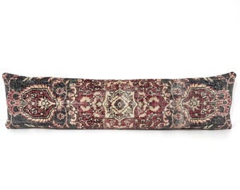 Queen Boho Woven Extra Long Bedding Kilim Lumbar Floral Design with Blue Burgundy Antique Pillow Case, Rustic Farmhouse Decor 12 X 48
