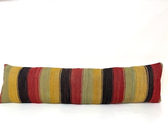 Kilim Lumbar Pillow Cover: Handwoven Vintage Wool, Boho Cushion 12x48