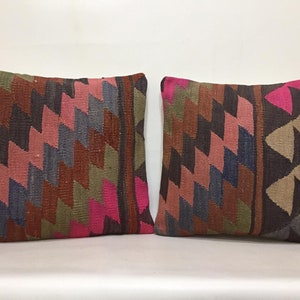 Geometric Design Antique Kilim Rug Pillow, Pink Green Color Set Cushion Covers, Pair Pillow Cover, Pillow For Couch, 18&quot; X 18&quot; Pillow Covers