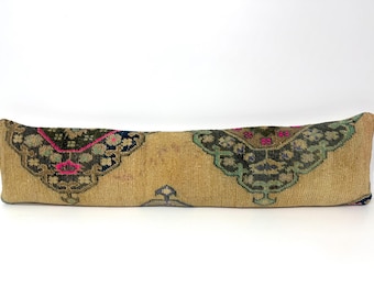 Cuscino lungo 12x53 cm, tappeto turco fatto a mano, cuscino decorativo in stile boho-farmhouse con accenti oro e rosa tenui e cuscino verde oliva per letto.