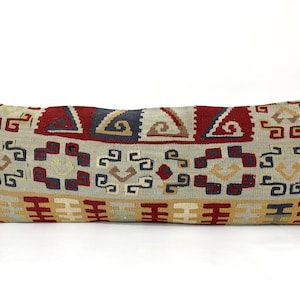 Kilim Pillow Cover, 14"x38" Kissen Kilim Pillow, Blue Cushion, Bed Lumbar Pillow, Bedding Long Pillow Cover, Blue Decor, Kissen Pillow image 1