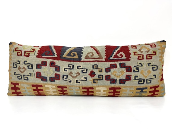 Kilim Pillow Cover, 14"x38" Kissen Kilim Pillow, Blue Cushion, Bed Lumbar Pillow, Bedding Long Pillow Cover, Blue Decor, Kissen Pillow