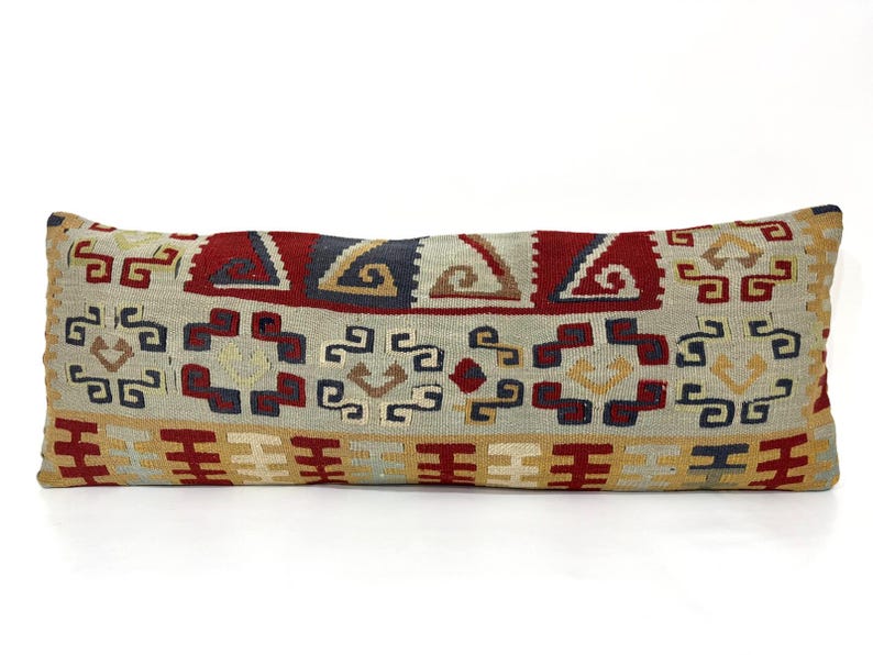 Kilim Pillow Cover, 14"x38" Kissen Kilim Pillow, Blue Cushion, Bed Lumbar Pillow, Bedding Long Pillow Cover, Blue Decor, Kissen Pillow image 1