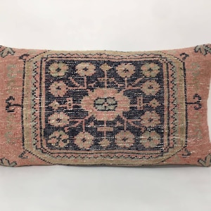 Large Oushak Rug Pillow Cover with Muted Red and Navy Blue Colored Wool Pillow Cover, 16&quot; X 29&quot; Lumbar Pillow Case