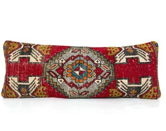 Long Bedding Carpet Rug Pillow, Large Lumbar Pillow Cover 13&#39;&#39;x35&#39;&#39; Bed Pillow, Antique Pillow Muted Oushak Rug Vintage Pillow Cover