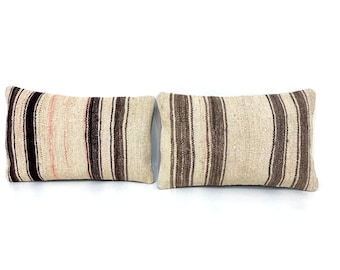 Organic Wool Lumbar Pillow Cover, Brown Striped Vintage Cushion