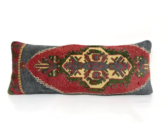 Boho Kissen, Handgefertigtes Wollkissen, Vintage Kissen, 33 x 82 cm großes Rot Blaues Kissen Sofa Couchkissen