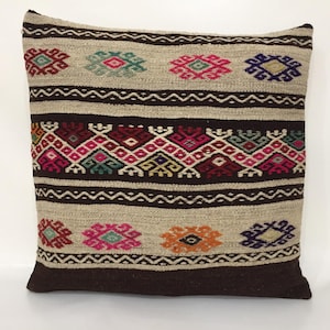 Hand Embroidery Oversize Pillow for Couch, Large Antique Kilim Rug Pillow, Rustic Home Decor Living Room Pillow, Mid Century Boho Pillow
