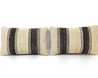 Pair Vintage Wool Kilim Pillow Covers, 10x17 Handwoven Lumbar